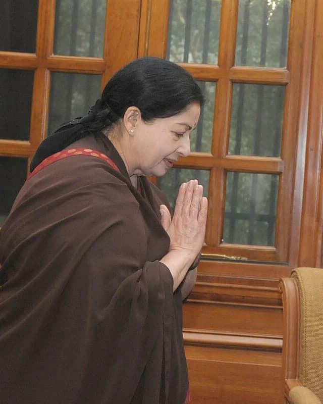 J. Jayalalithaa greets Prime Minister Narendra Modi in New Delhi, 3 June 2014 (portrait crop).